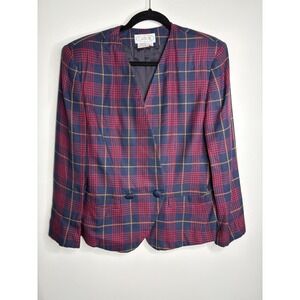 Gilmór Plaid Blazer Vintage Career Button Front Jacket Red Blue Gold Size 10